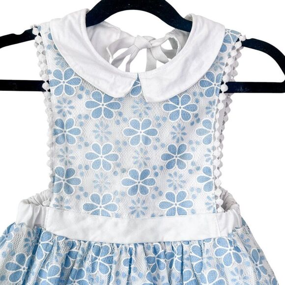 Brass Razoo White Blue Floral Lace Pinnie Pinafore Dress with Collar Size 3T - Picture 3 of 7